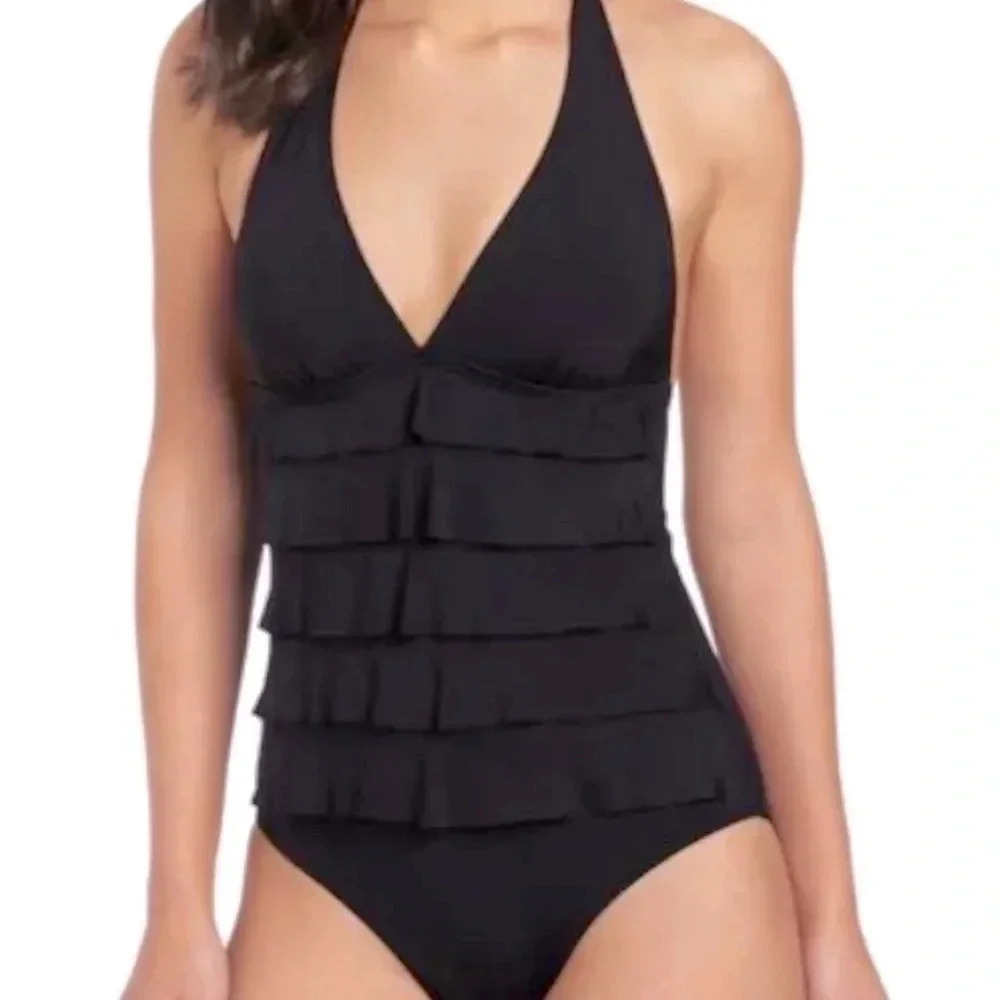 Kenneth Cole Ruffle-Licious Tiered Halter Neck Swimsuit size small black